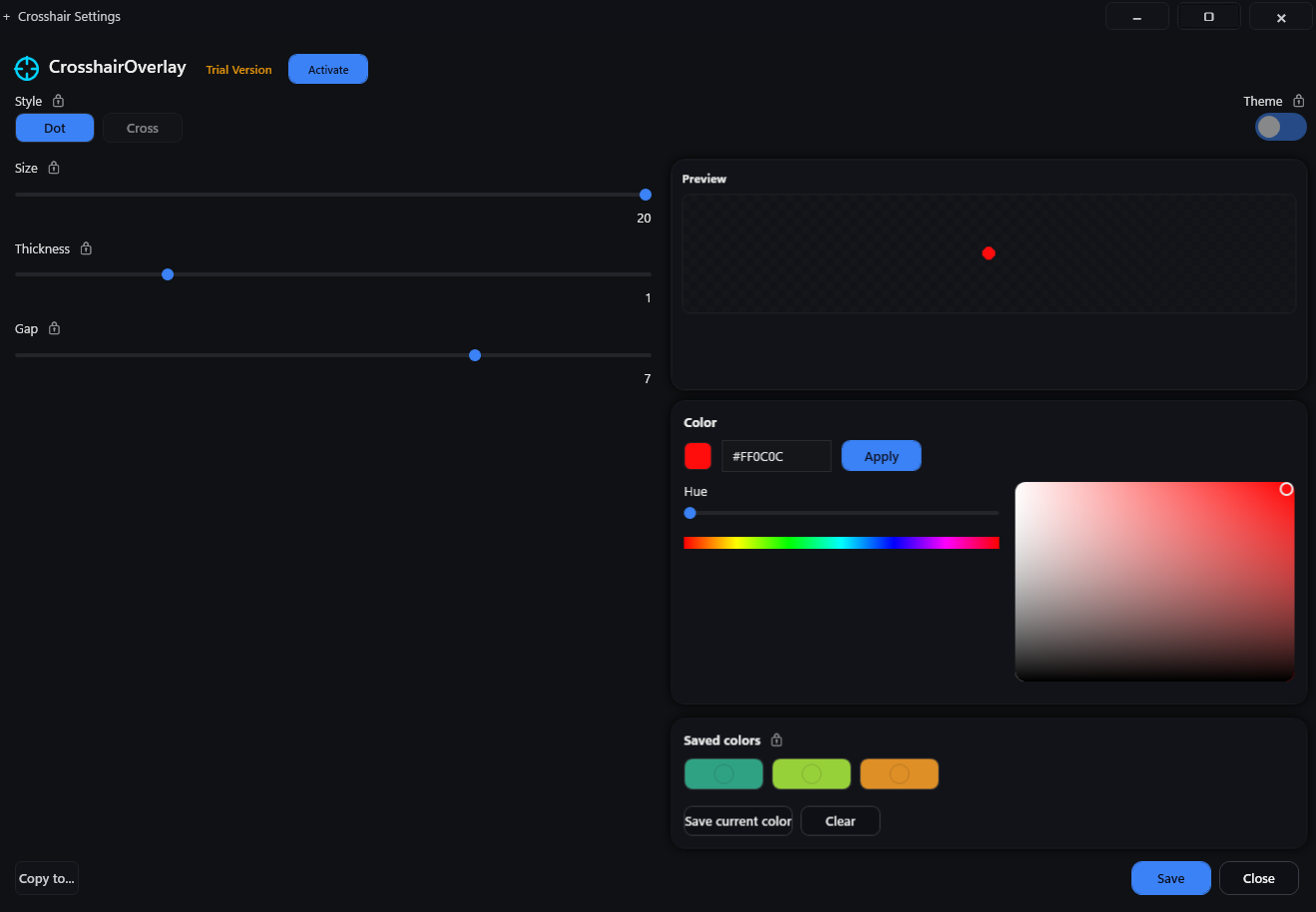 Screenshot of the CrosshairOverlay application interface